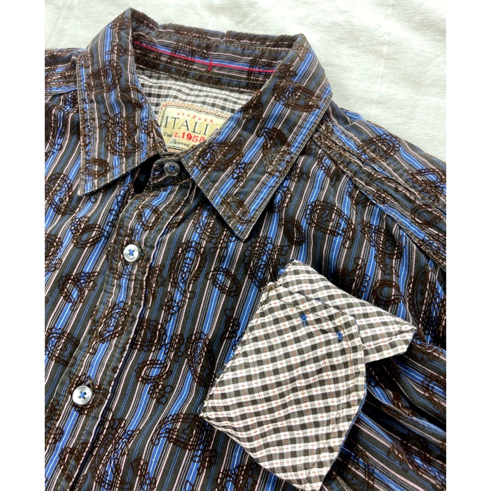Vintage Italia Men's L Button Down‎ Long Sleeve Blue Brown Striped Shirt